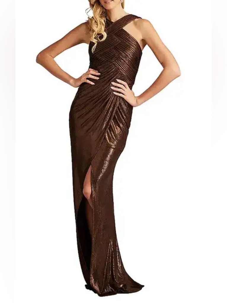 Tadashi Shoji Criss Cross Neckline Nwt Formal In Bark Bronze Ret $478 Sz Xs
